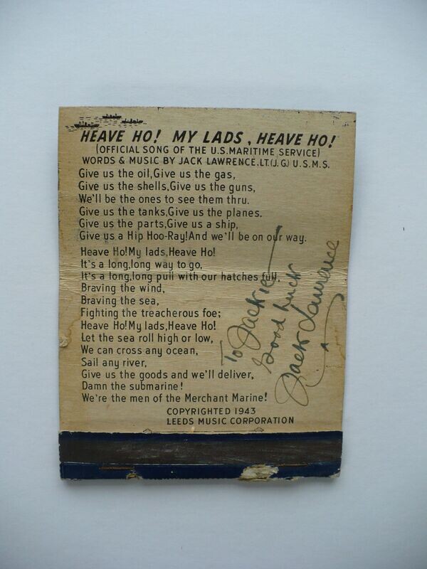 RARE MUSIC SONGWRITER AUTOGRAPHED JACK LAWRENCE WWII MERCHANT MARINE SERVICE MATCHBOOK