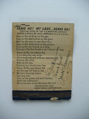RARE MUSIC SONGWRITER AUTOGRAPHED JACK LAWRENCE WWII MERCHANT MARINE SERVICE MATCHBOOK