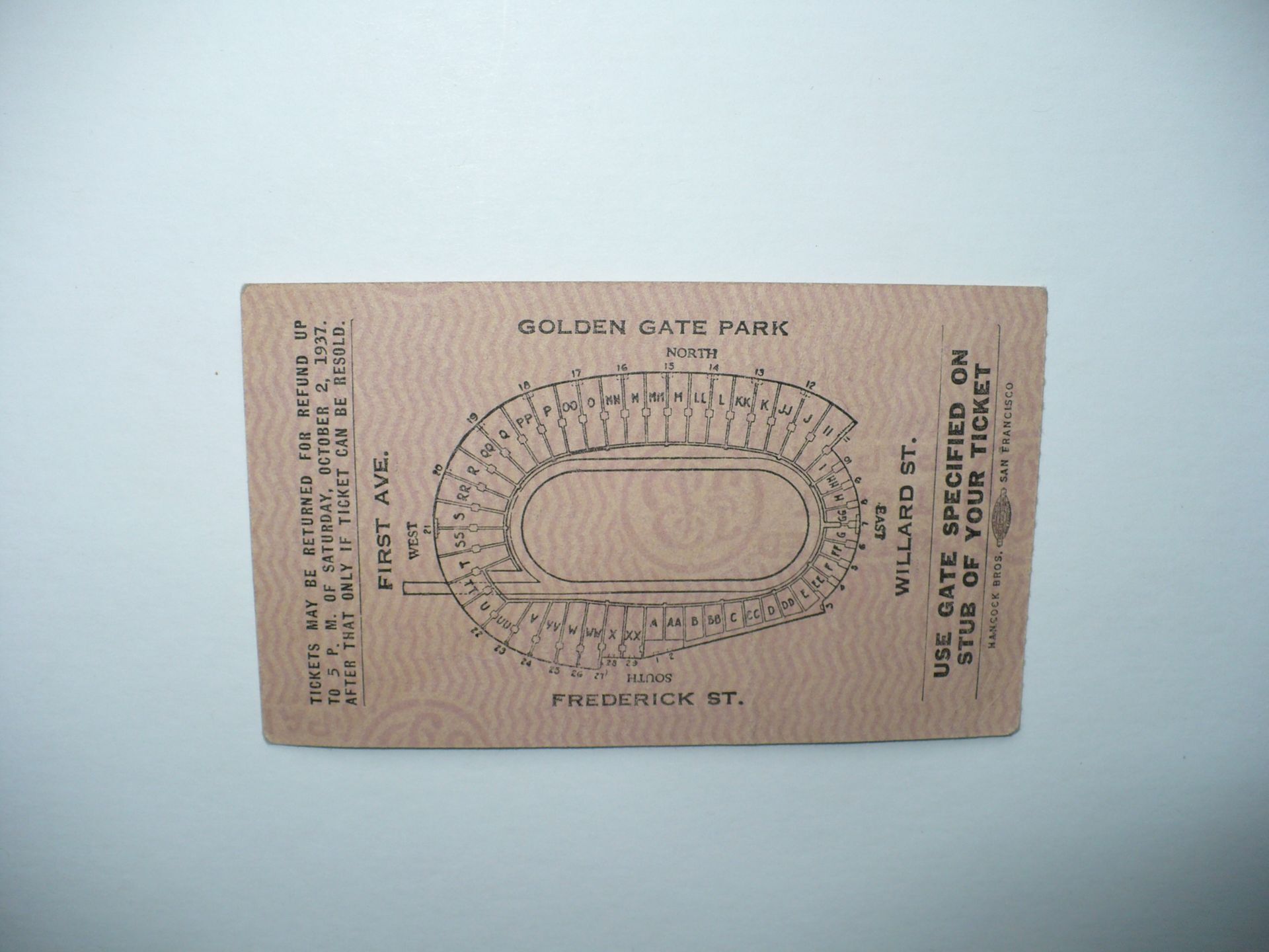 1937 UNIVERSITY OF SAN FRANCISCO AND SANTA CLARA FOOTBALL GAME TICKET STUB