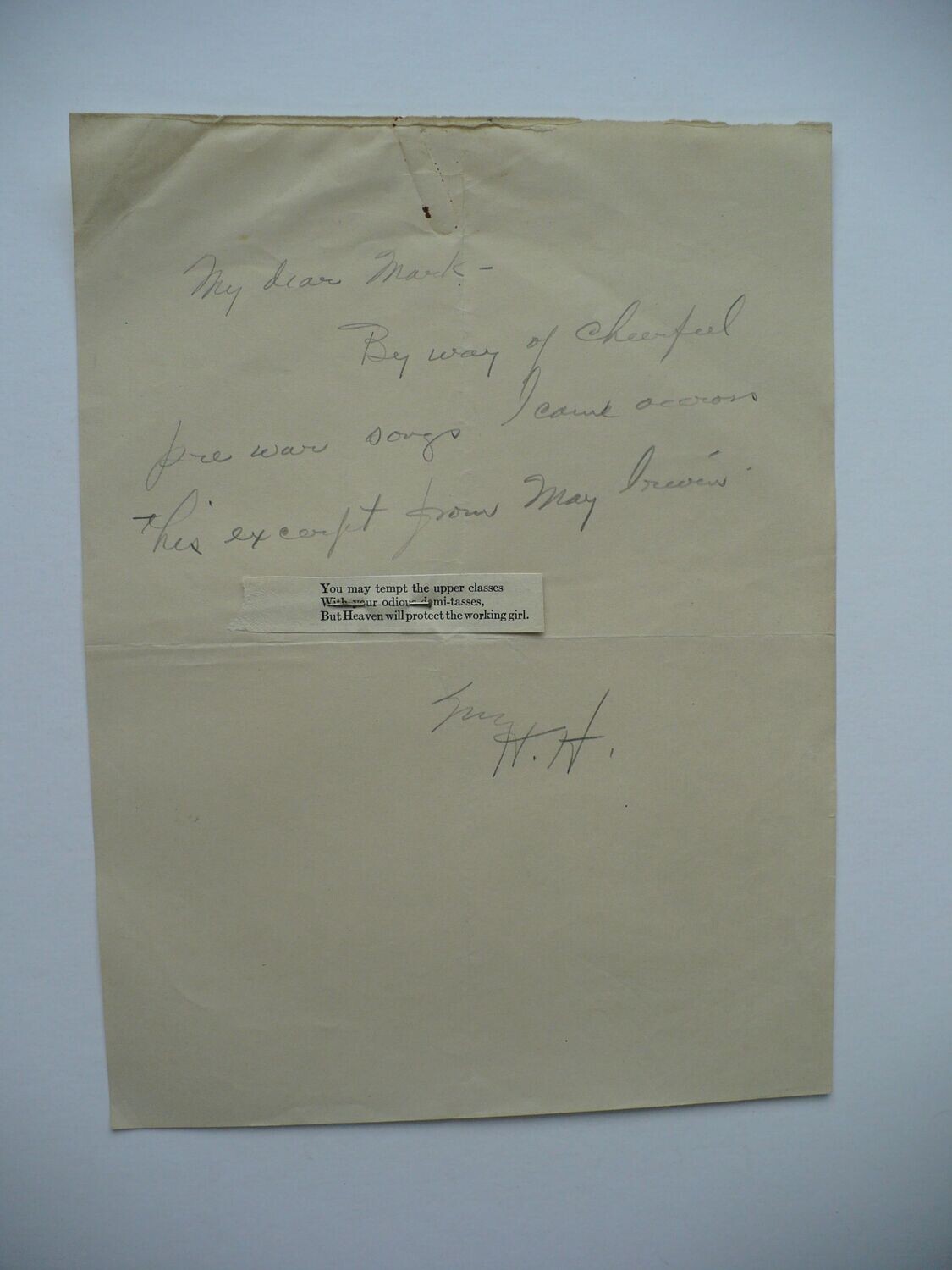 RARE HERBERT HOOVER HAND-WRITTEN LETTER NOTE WITH PINNED SONG VERSE