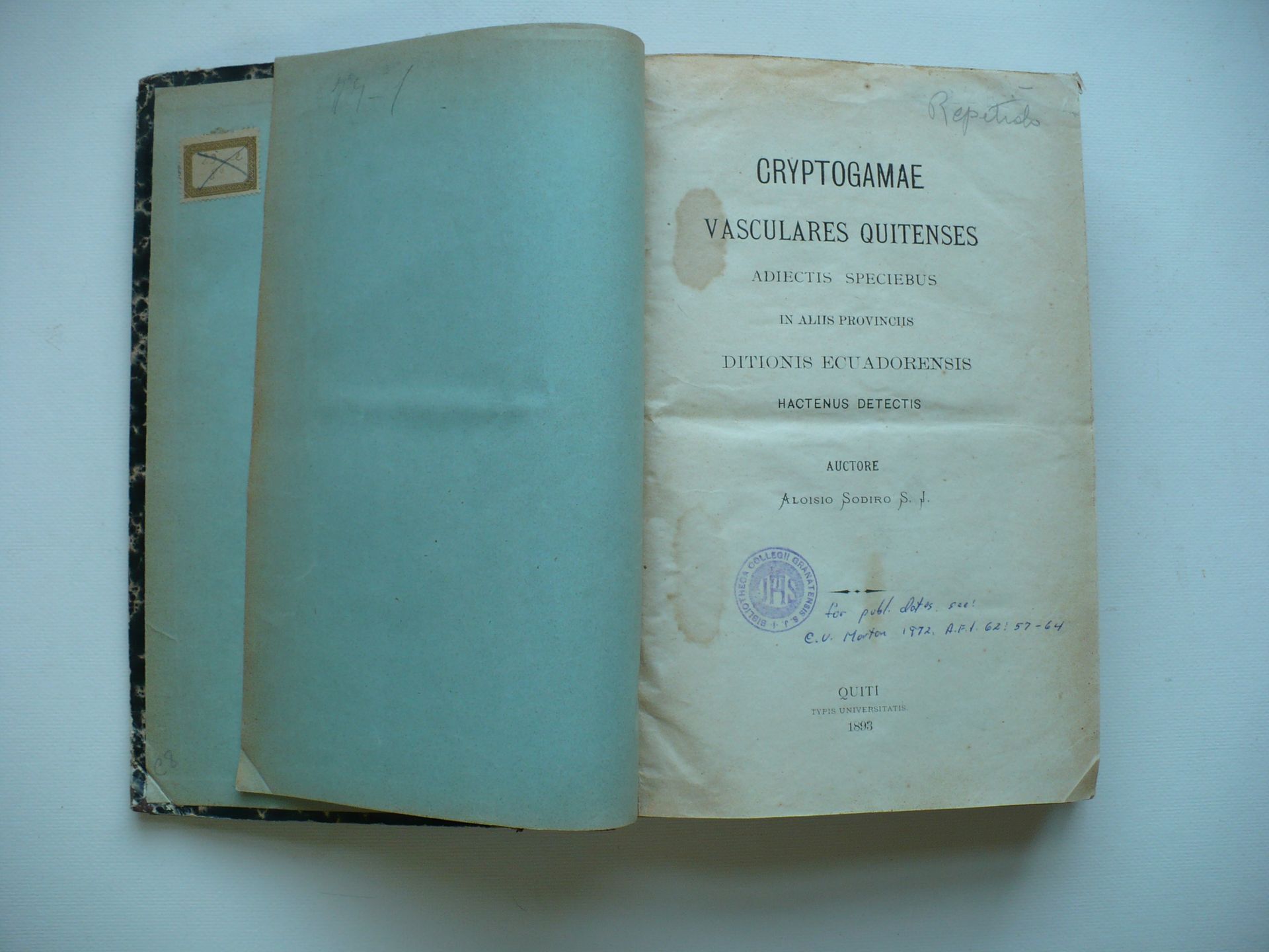 RARE AND IMPORTANT ECUADOR CRYPTOGAMAE BOOK ON FERNS BY ALOISIO SODIRO