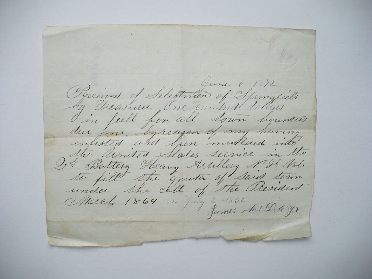 1872 NEW HAMPSHIRE 2ND BATTERY ARTILLERY VOLUNTEERS CIVIL WAR SOLDIER BOUNTY FULFILLMENT NOTICE
