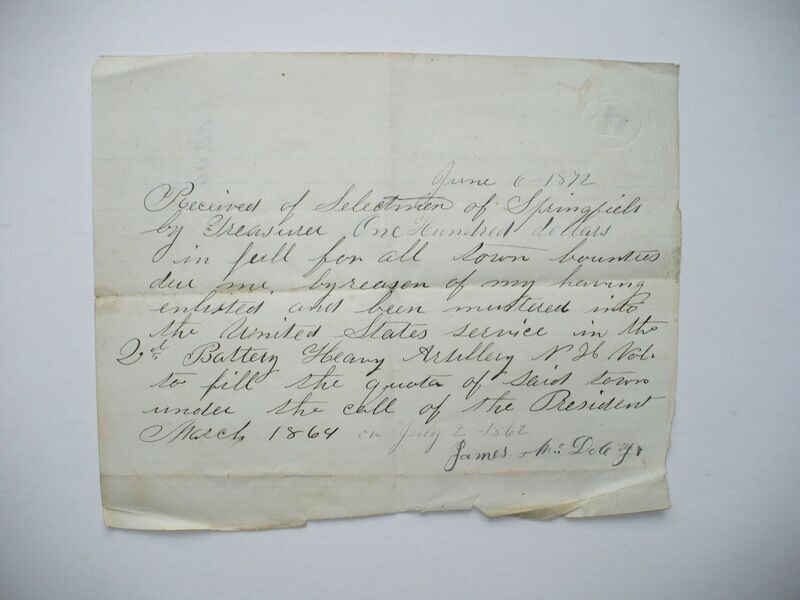 1872 NEW HAMPSHIRE 2ND BATTERY ARTILLERY VOLUNTEERS CIVIL WAR SOLDIER BOUNTY FULFILLMENT NOTICE
