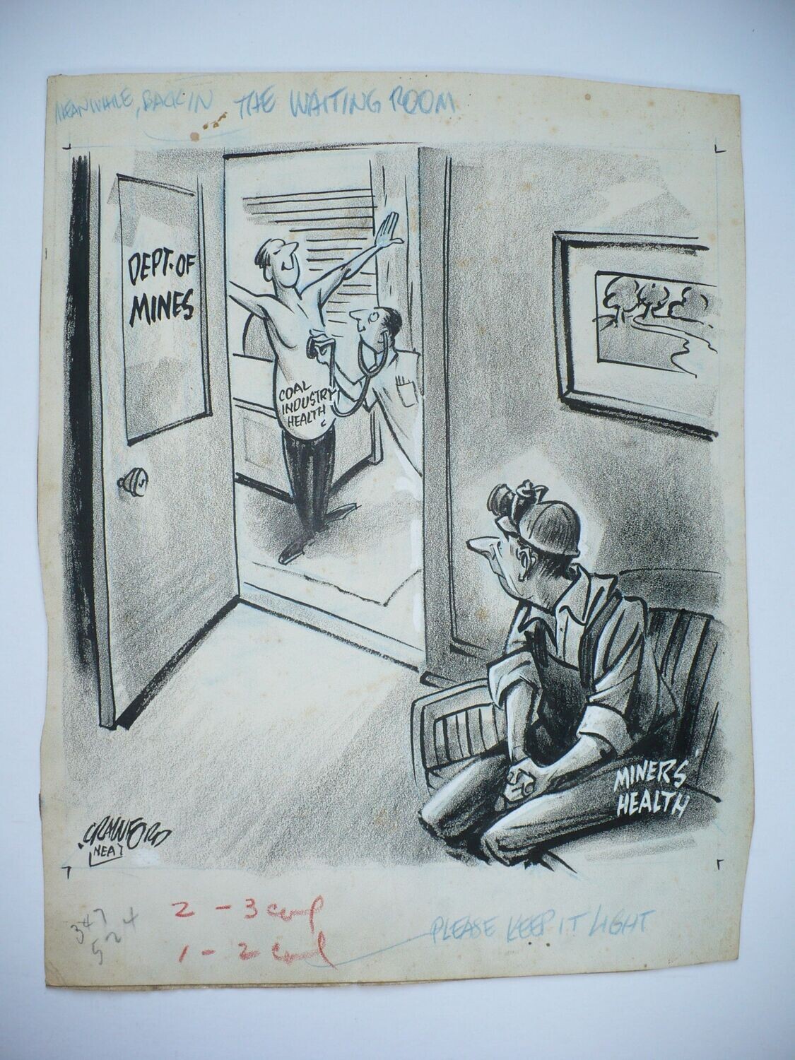 ORIGINAL MINER'S HEALTH POLITICAL CARTOON ART BY WILLIAM CRAWFORD