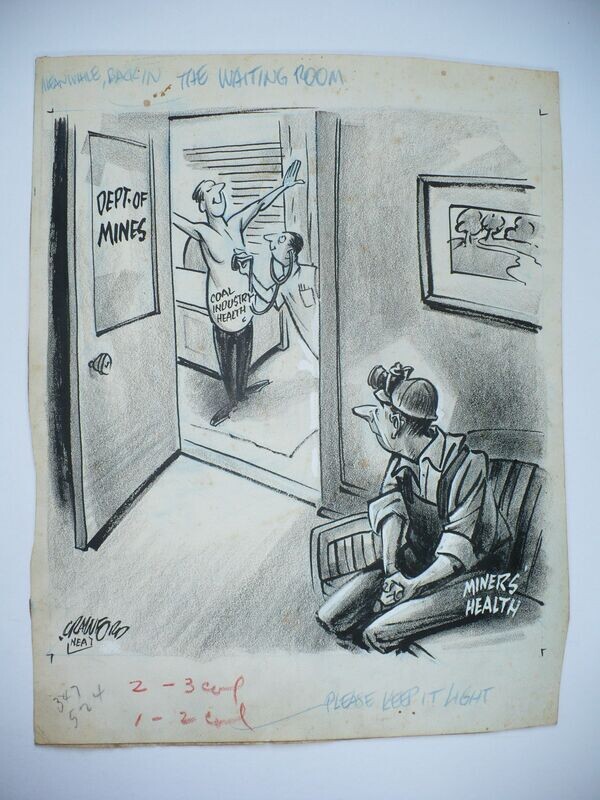 ORIGINAL MINER'S HEALTH POLITICAL CARTOON ART BY WILLIAM CRAWFORD