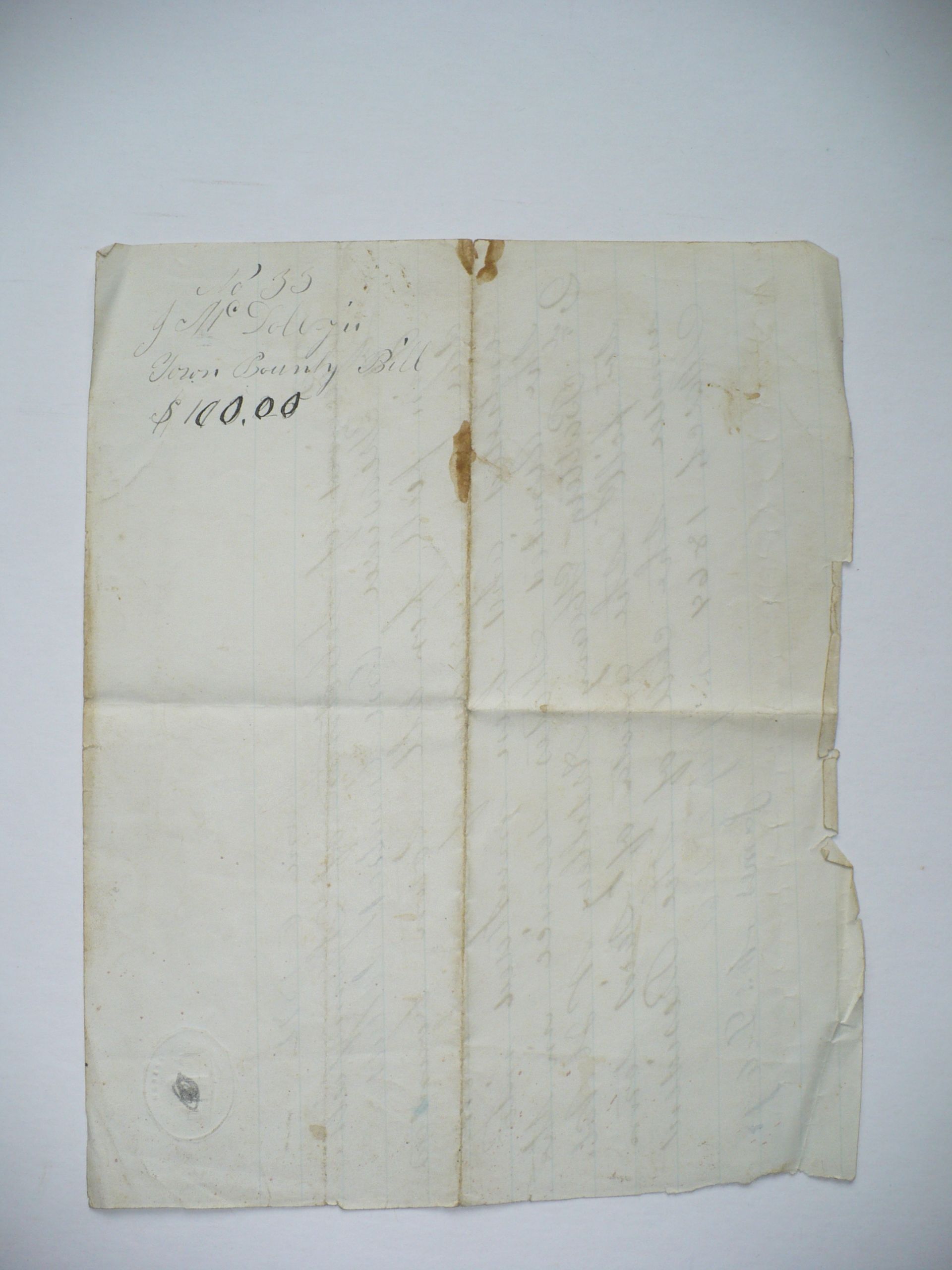 1872 NEW HAMPSHIRE 2ND BATTERY ARTILLERY VOLUNTEERS CIVIL WAR SOLDIER BOUNTY FULFILLMENT NOTICE