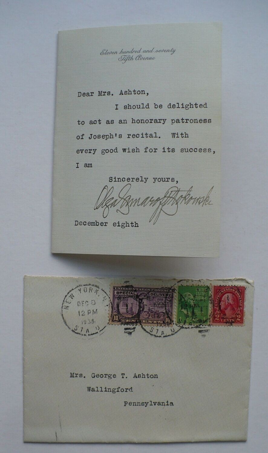 OLGA SAMAROFF STOKOWSKI AUTOGRAPHED RECITAL PATRONESS LETTER
