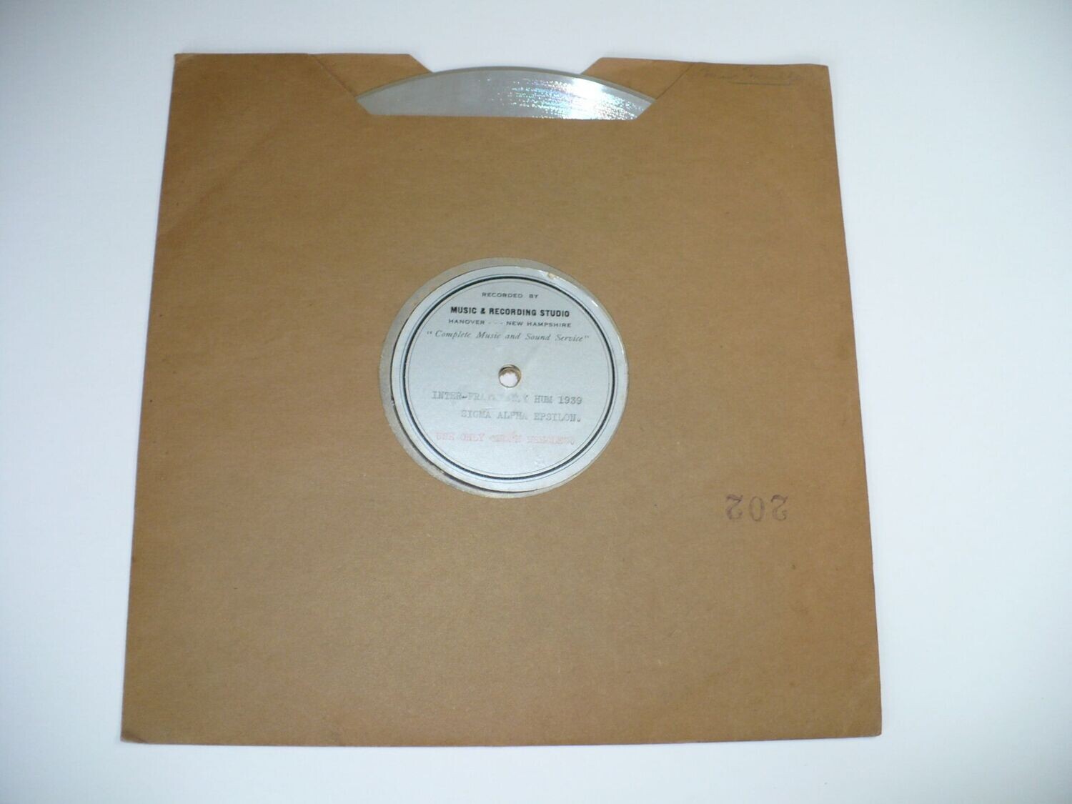 1939 DARTMOUTH COLLEGE SIGMA CHI & ALPHA EPSILON FRATERNITIES MUSIC ALUMINUM RECORD
