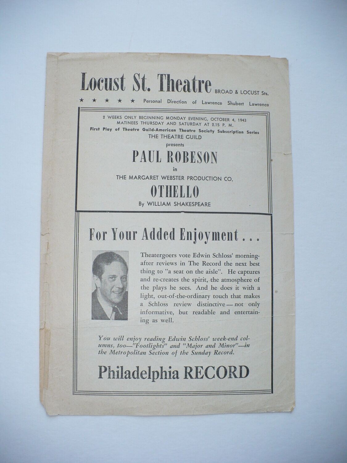 RARE 1943 PROGRAM PREMIERE THEATRE GUILD BROADWAY PRODUCTION OTHELLO JOSE FERRER