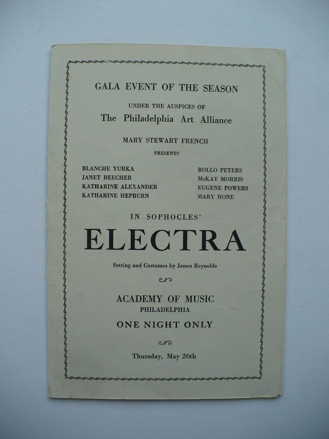 RARE 1932 PLAY PROGRAM KATHARINE HEPBURN, BLANCHE YURKA, ACADEMY OF MUSIC PHILADELPHIA