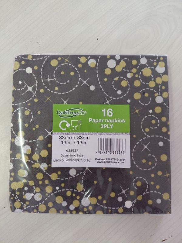 Serviettes Fizzy Black &amp; Gold 3Ply 330x330mm