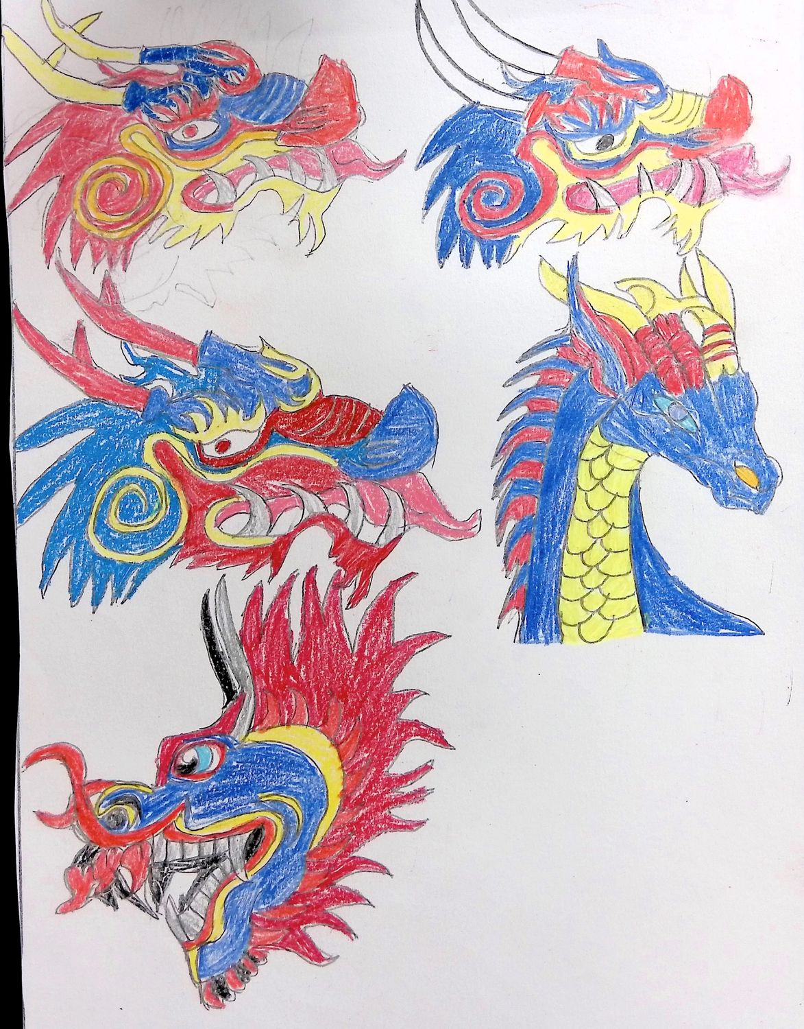 Blue, Red, Yellow Dragon Heads by Kieran Loftus