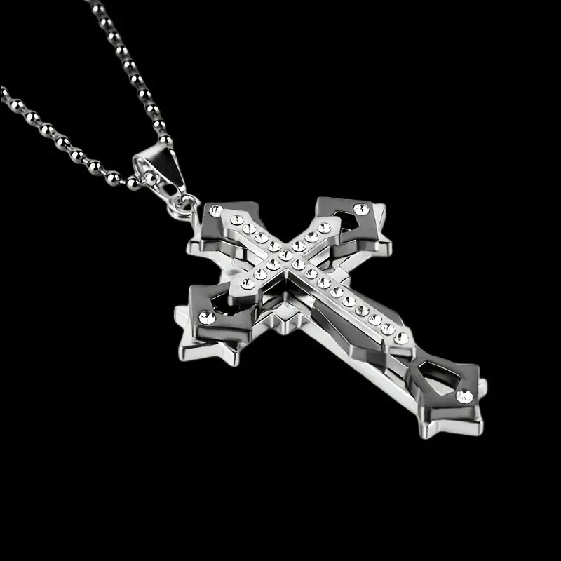 Cerberus Exquisite Amulet Pendant Necklace With Three Layered &amp; Zircon Inlaid Cross Pendant