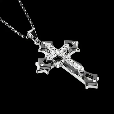 Cerberus Exquisite Amulet Pendant Necklace With Three Layered &amp; Zircon Inlaid Cross Pendant