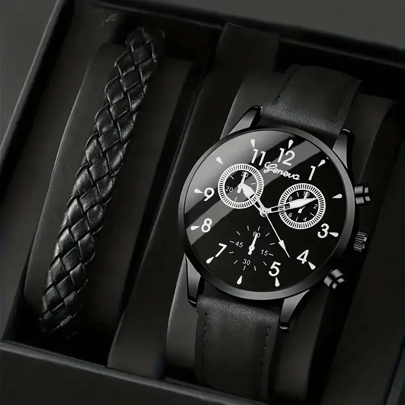 Cerberus Men&#39;s Round Alloy Quartz Watch &amp; 1pc Bracelet