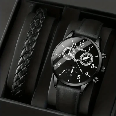 Cerberus Men&#39;s Round Alloy Quartz Watch &amp; 1pc Bracelet