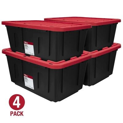 27 Gallon Set of 4 Stackable Snap Lid Plastic Storage Bin Container, Black & Red