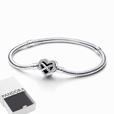 Pandora Moments Sparkling Infinity Heart Clasp Snake Chain Bracelet 7.5"