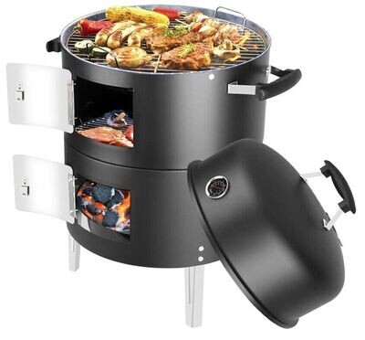 Portable Charcoal BBQ Grill Outdoor Small Charcoal Grills with Meat Smoker Combo