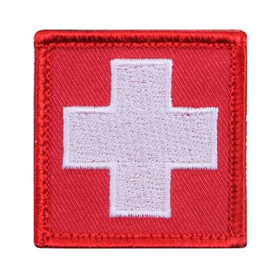Embroidered Patch: White Cross on Red Square - Hook Backing