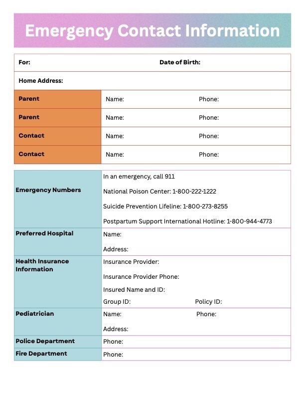 Emergency Contact Form - Fillable PDF