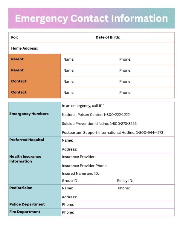 Emergency Contact Form - Fillable PDF