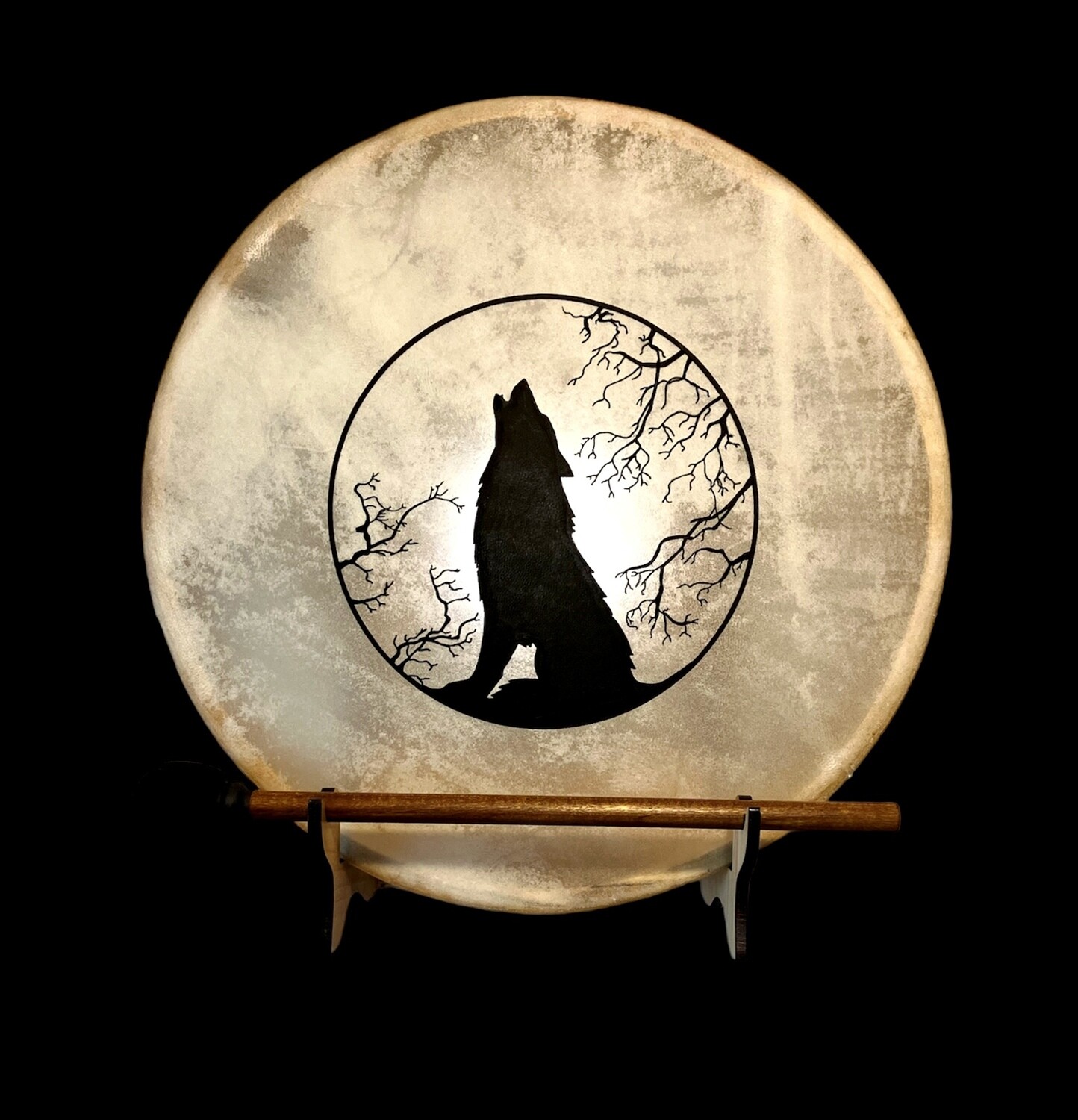 Howling Wolf Shamanic Frame Drum with optional illuminated Display Stand and Carry Bag