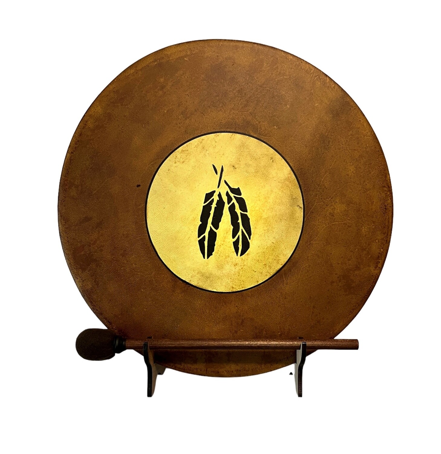 Two Feathers Shamanic Frame Drum with optional illuminated Display Stand and Carry Bag