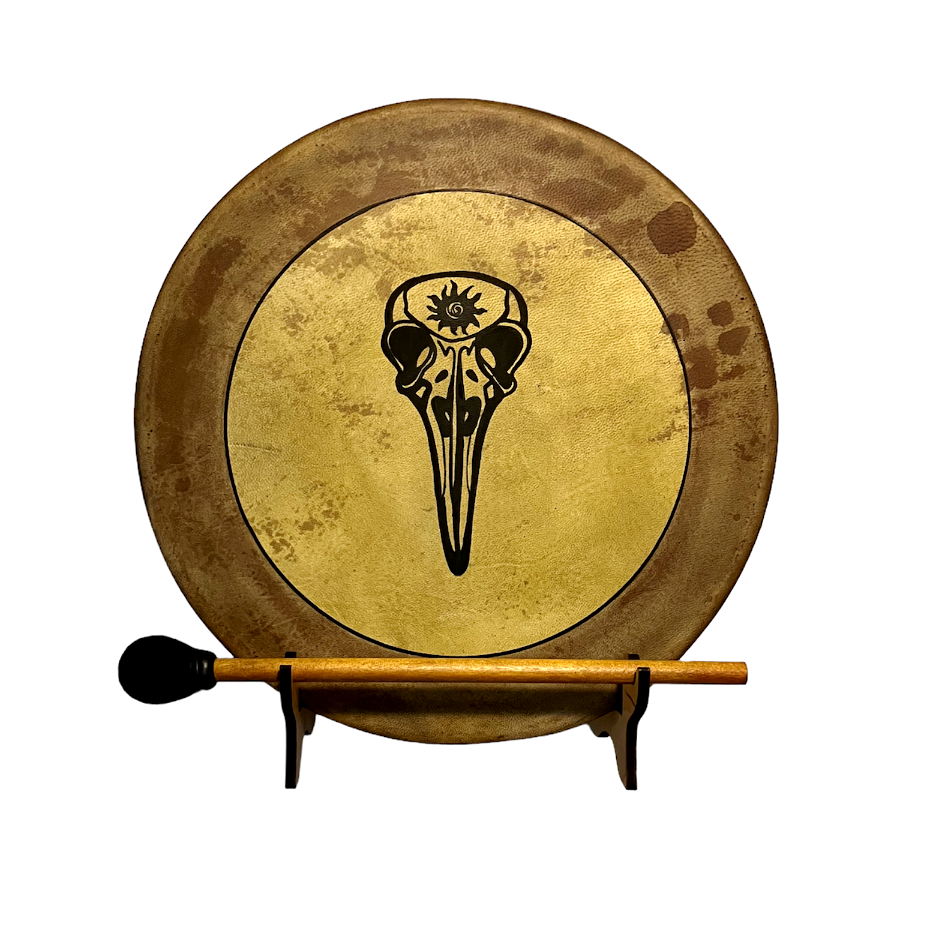 Raven Skull Shamanic Frame Drum with optional illuminated Display Stand and Carry Bag