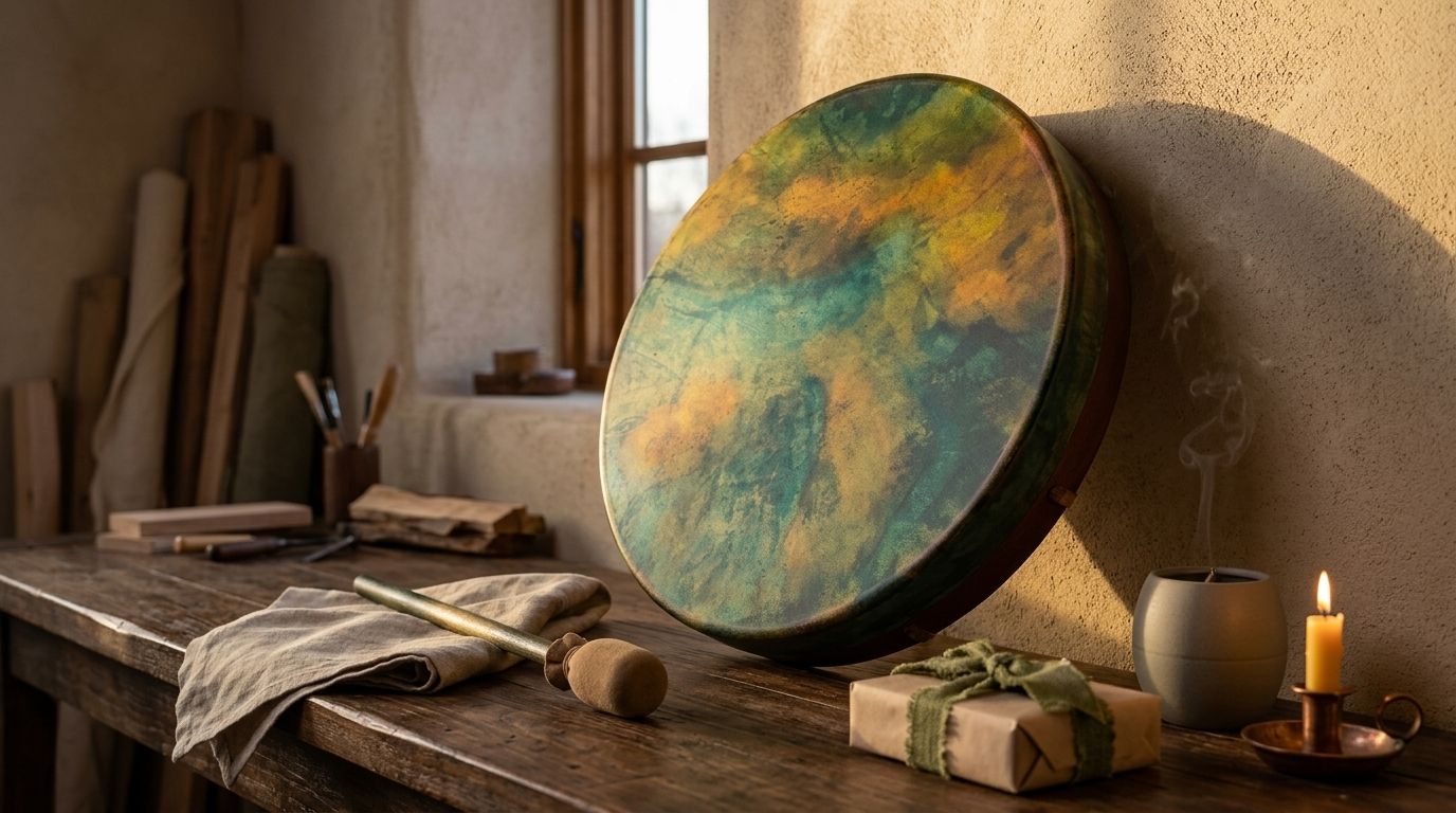 Green Earth Shamanic Frame Drum with optional illuminated Display Stand and Carry Bag