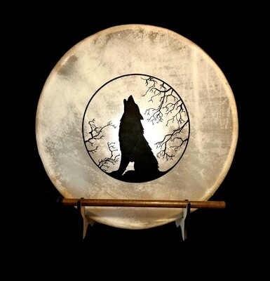 Wolf Spirit Shaman Frame Drum with optional illuminated Display Stand and Carry Bag