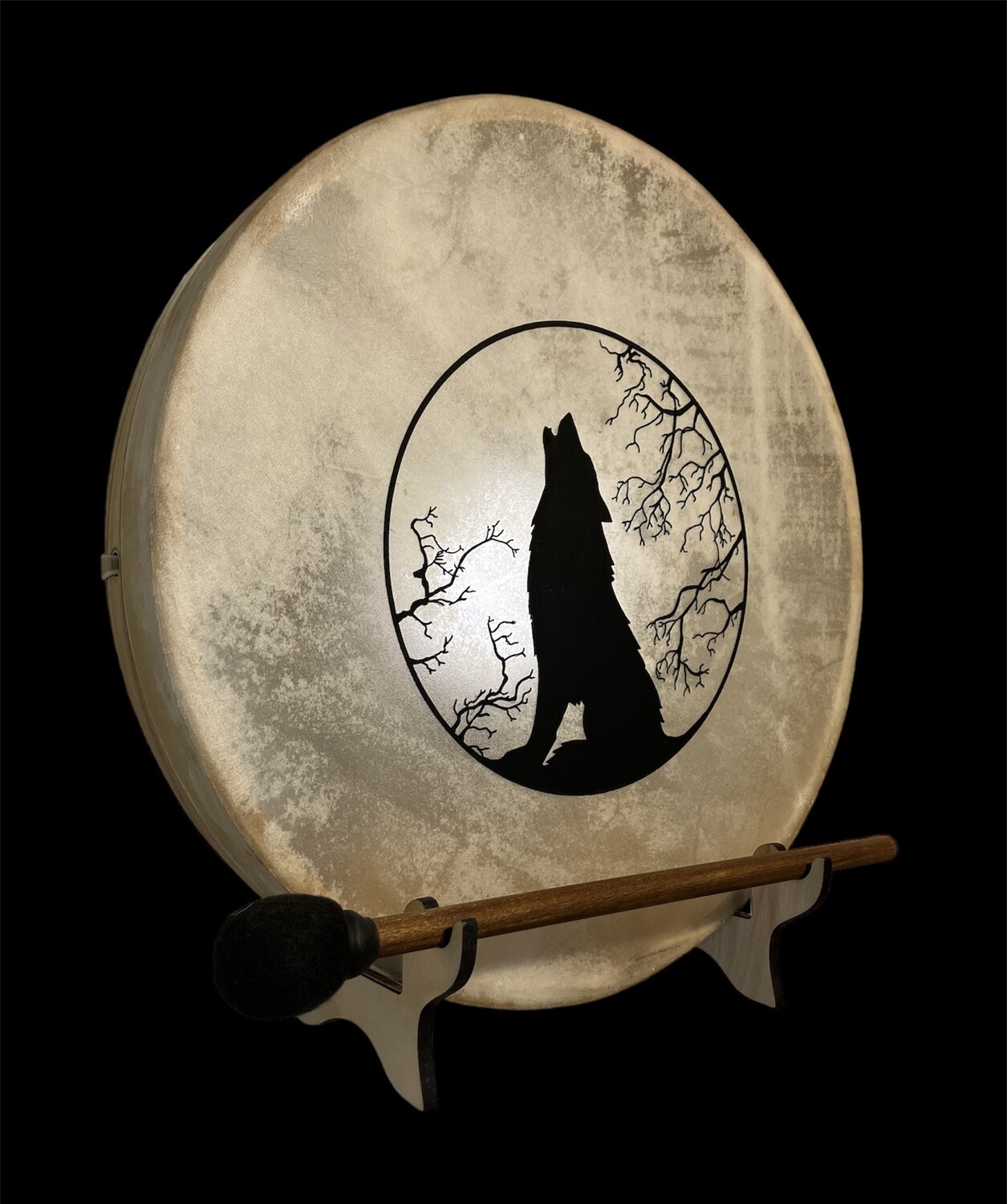 Wolf Spirit Shaman Frame Drum with optional illuminated Display Stand and Carry Bag