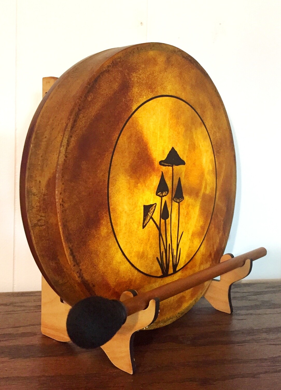 Magic Mushroom Shamanic Frame Drum with optional illuminated Display Stand and Carry Bag