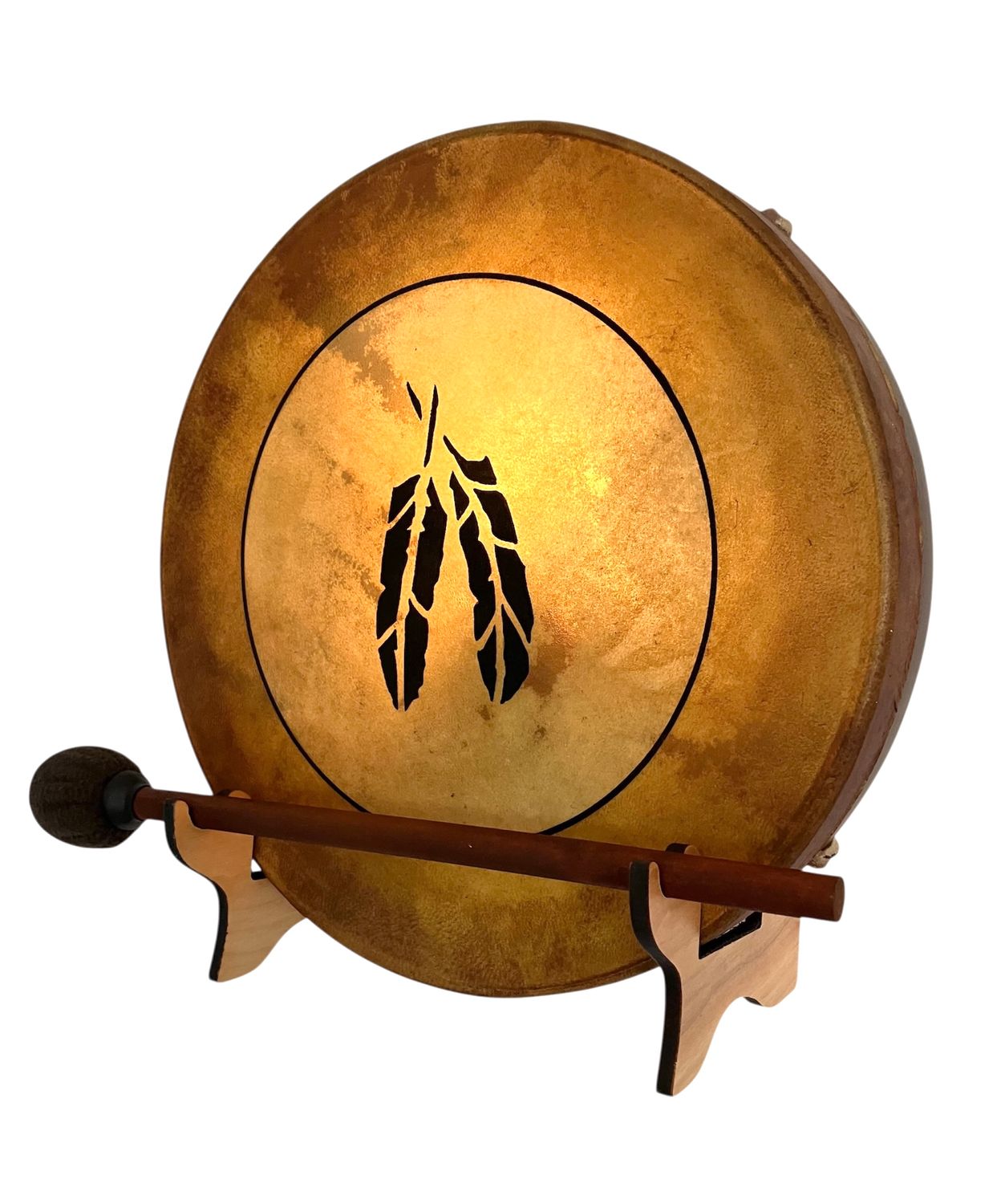 Two Feathers Shamanic Frame Drum with optional illuminated Display Stand and Carry Bag