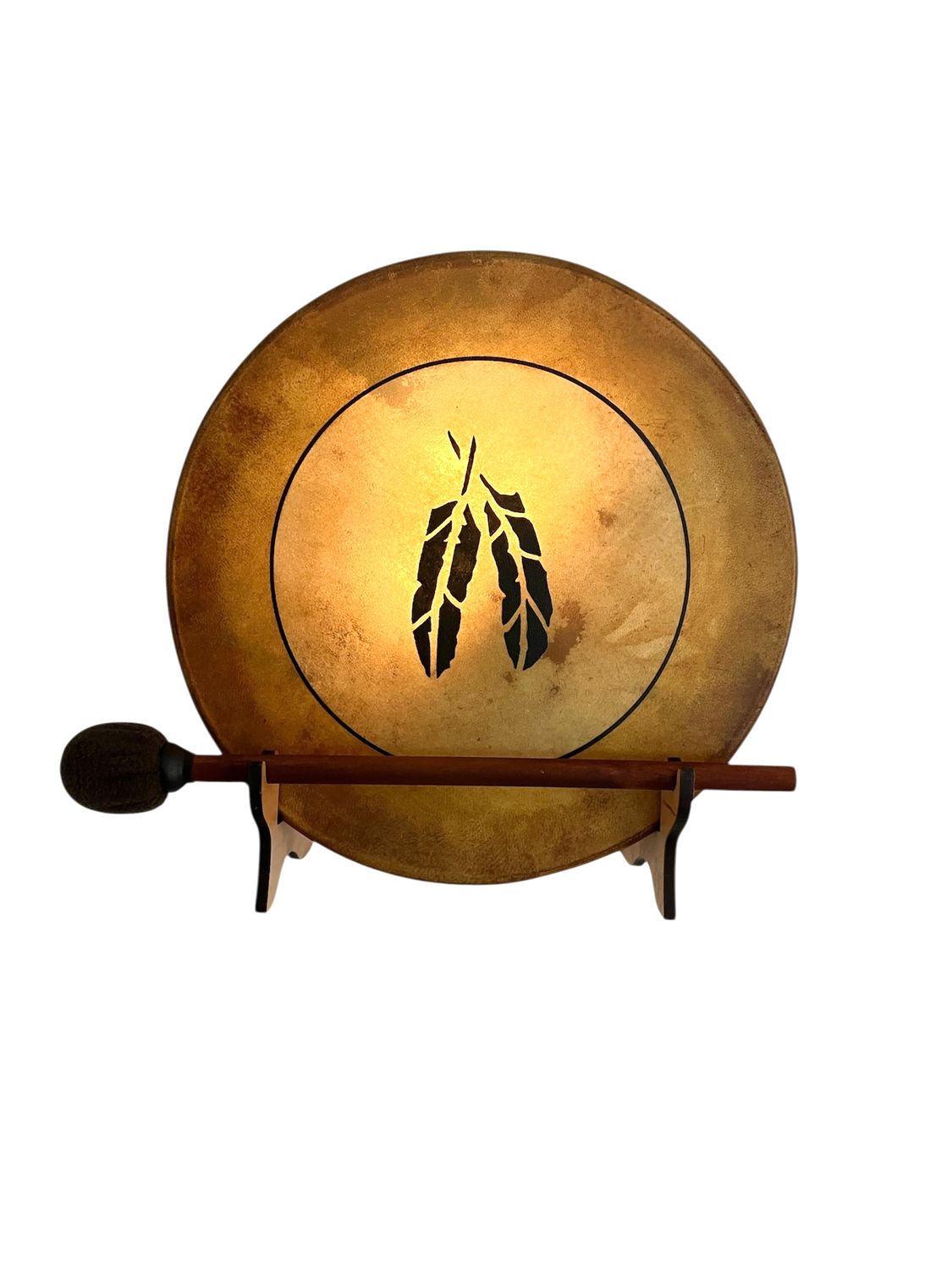 Two Feathers Shamanic Frame Drum with optional illuminated Display Stand and Carry Bag