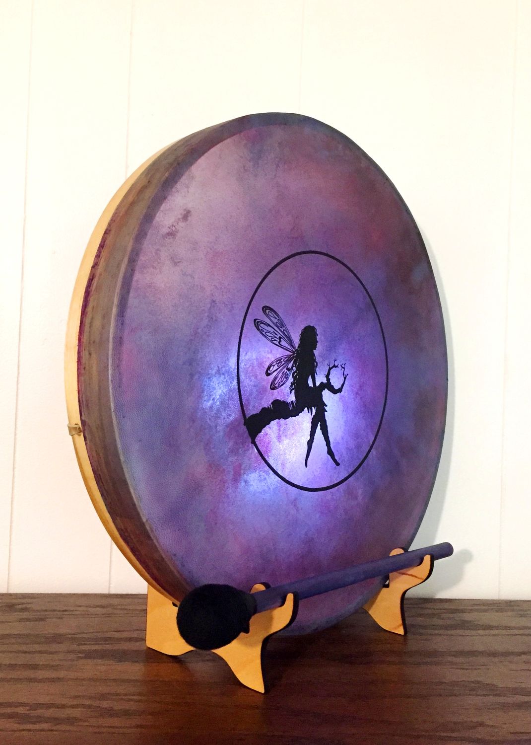 Fairy Spirit Shaman Frame Drum w/optional illuminated Display Stand and Carry Bag