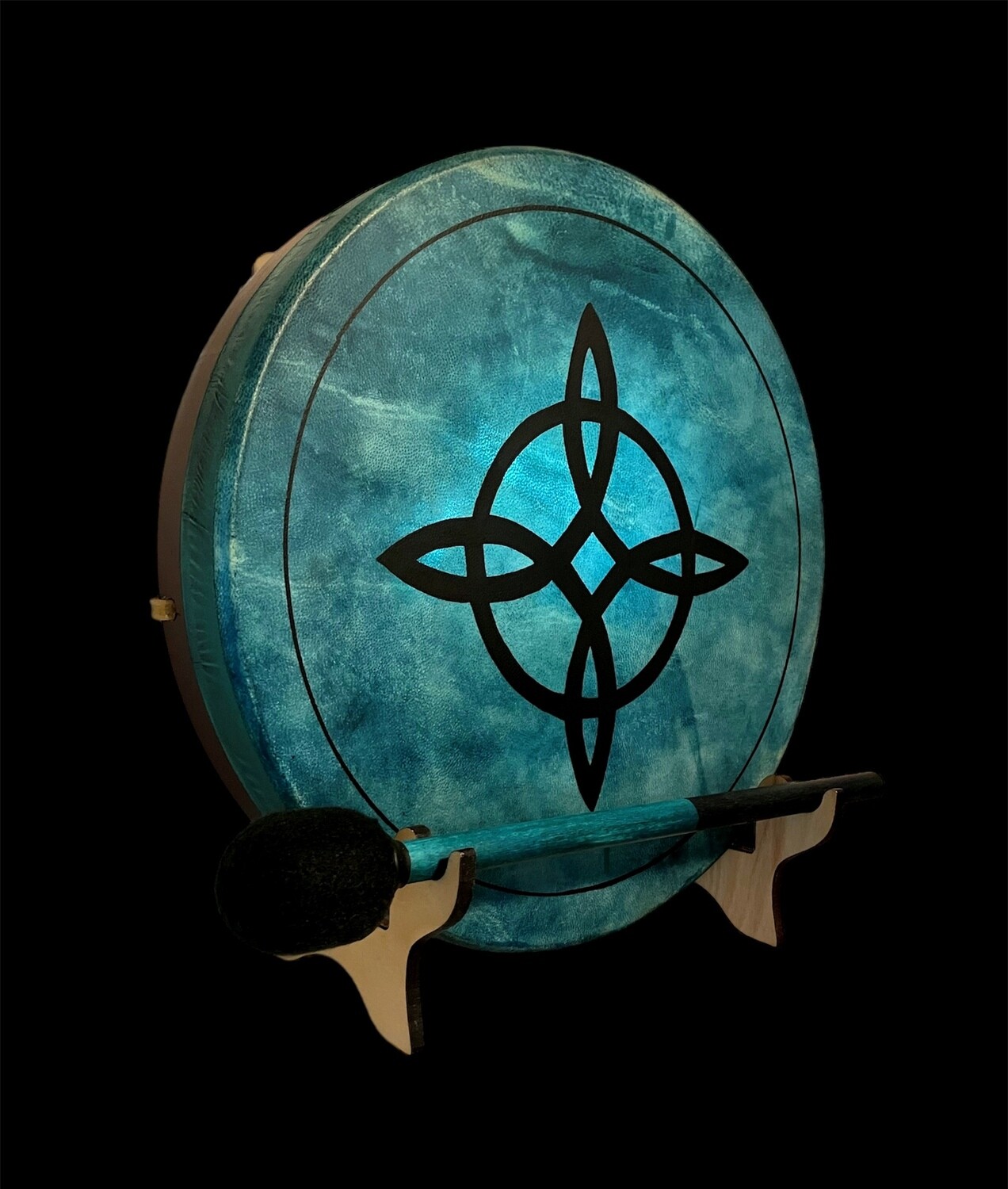 Witches Knot Shamanic Frame Drum with optional illuminated Display Stand and Carry Bag