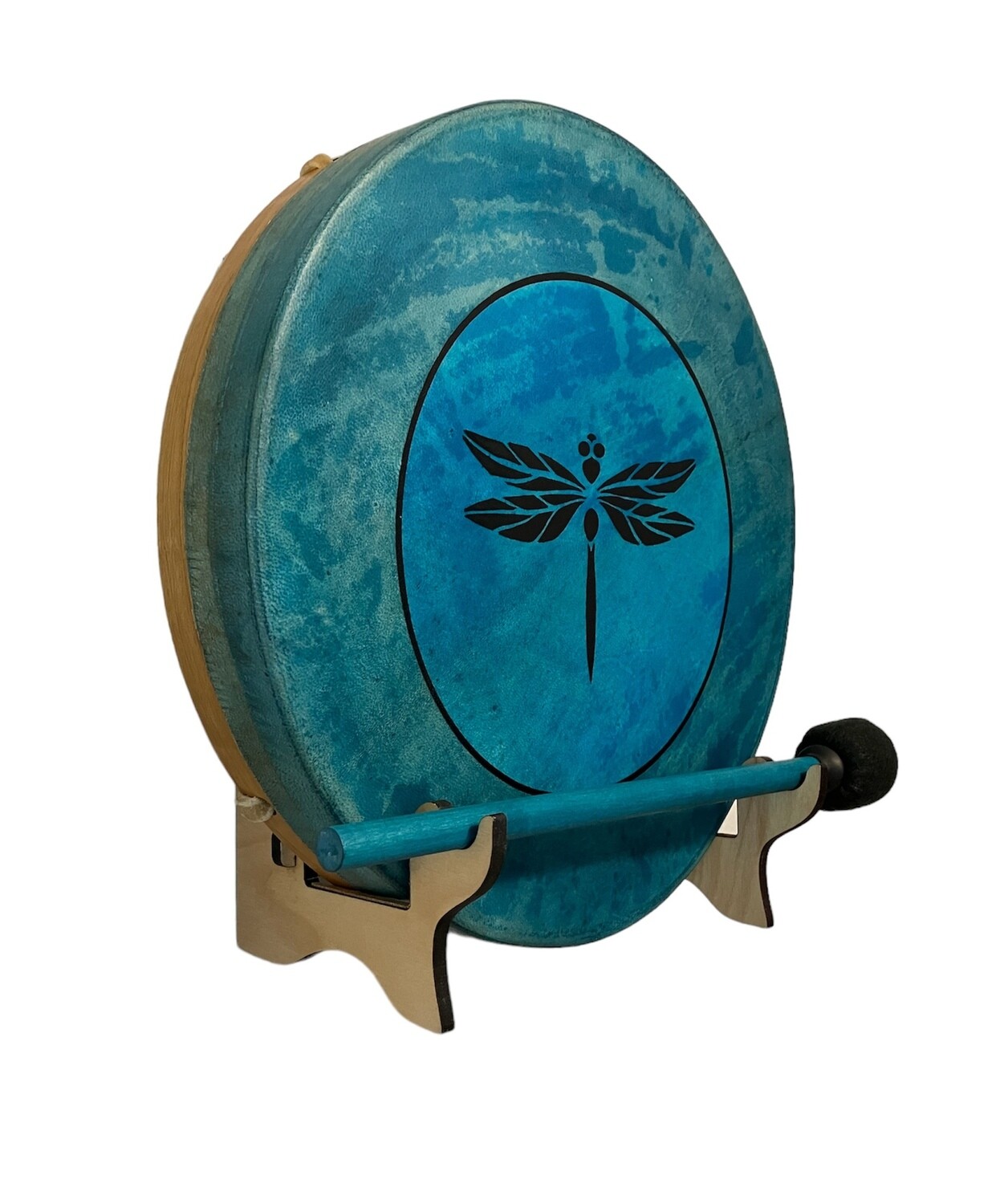 Turquoise Dragonfly Shamanic Frame Drum with optional illuminated Display Stand and Carry Bag