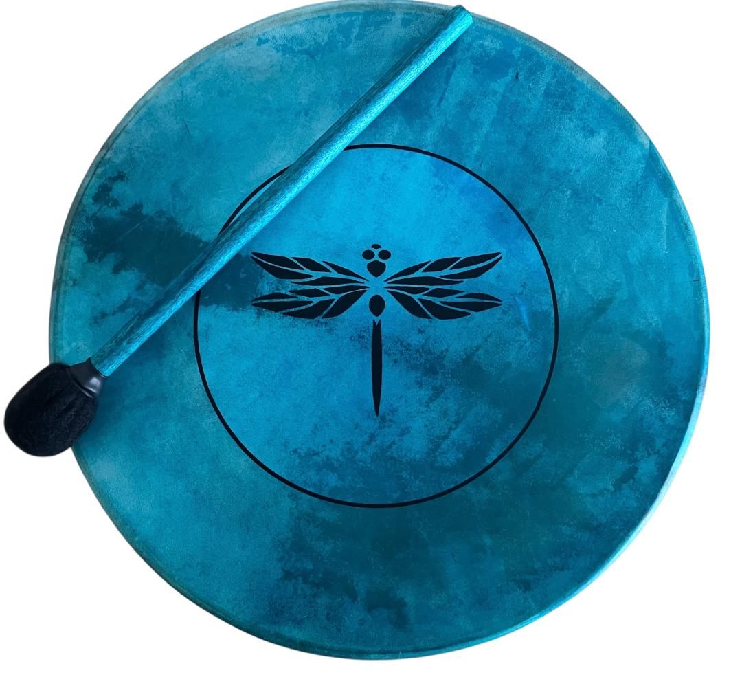 Turquoise Dragonfly Shamanic Frame Drum with optional illuminated Display Stand and Carry Bag