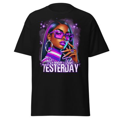 Stronger Than Yesterday Stylish Afrocentric Women&#39;s Graphic T-Shirt, Bold Purple Aesthetic Fashion Tee, Trendy Urban Apparel