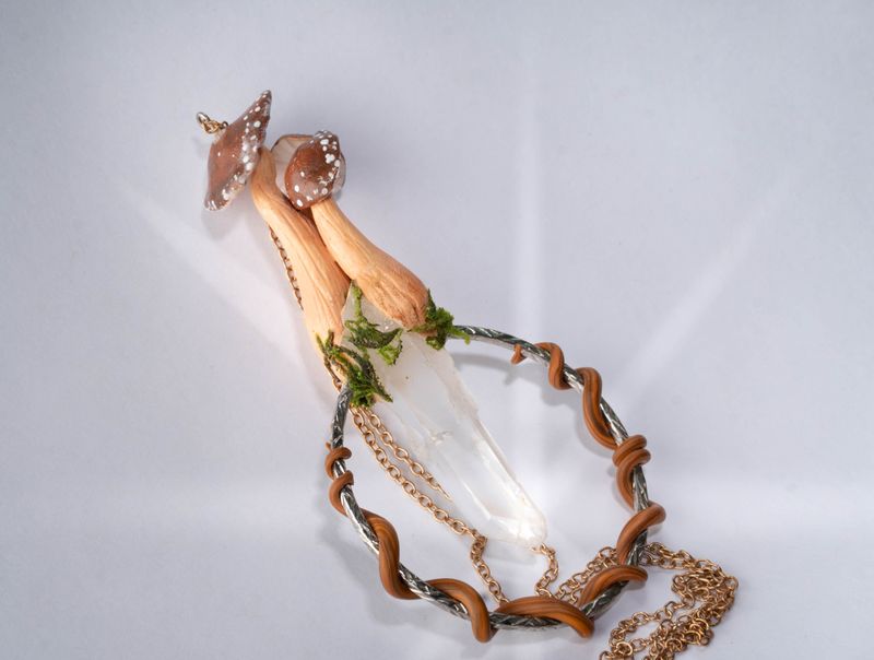 Mushroom Moss &amp; Crystal Necklace