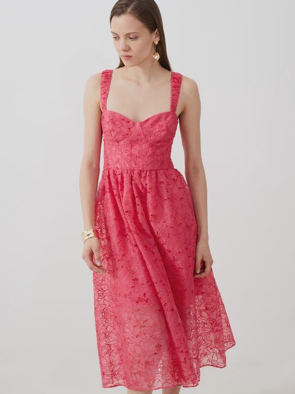 Embroidered Evelyn Lace Strappy Dress, Color: Azalea, Size: 4
