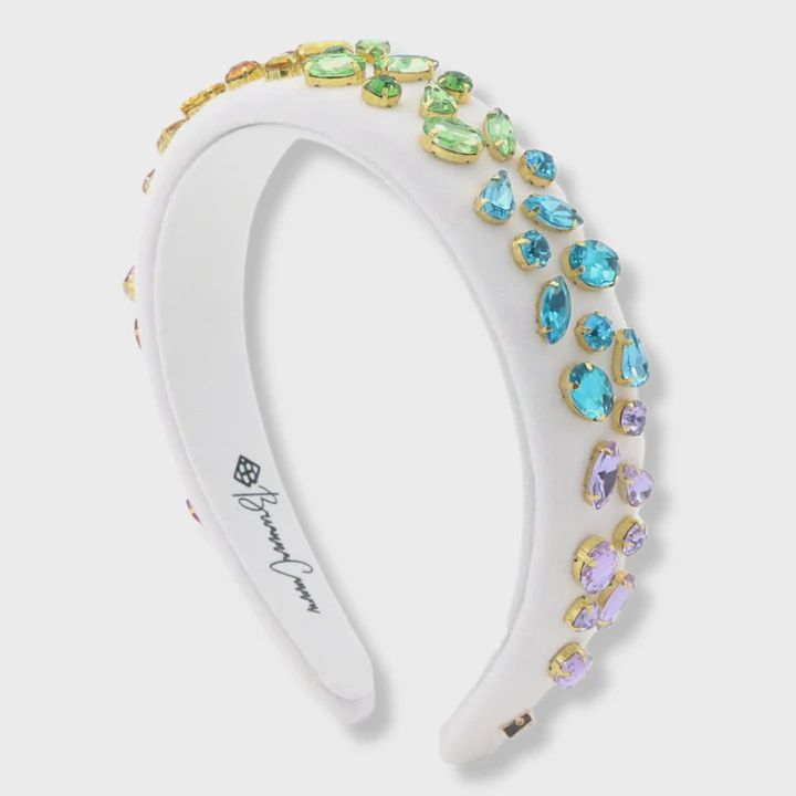 White Velvet Thin Headband With Rainbow Gradient Hand Sewn Crystals