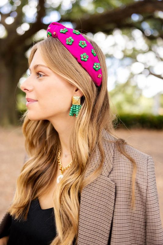 Magenta Twill Headband with Green Flowers