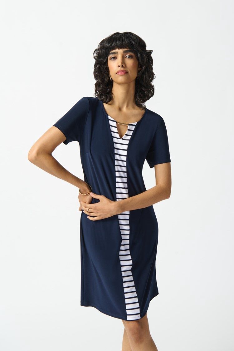 Silky Knit Stripe Combo Shift Dress, Color: Midnight Blue/Vanilla, Size: 6