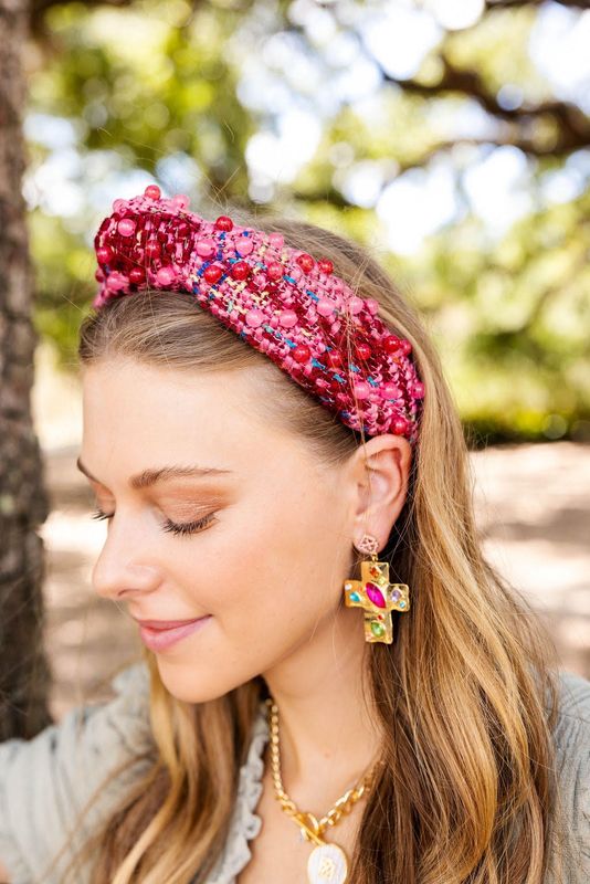Pink &amp; Red Tweed Headband With Beads