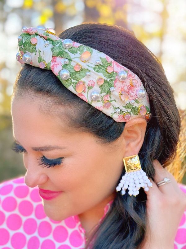 Light Pink Hibiscus Flower Headband with Crystals &amp; Pearls