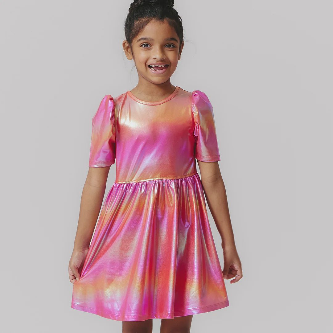 Girls Lame Laurie Dress in Rainbow Pink Lame