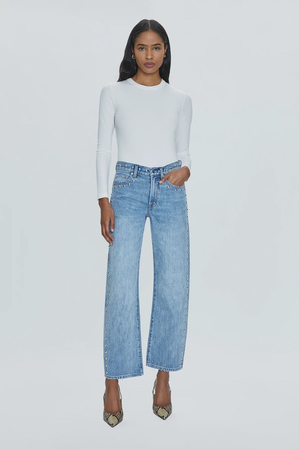 Lexi Mid Rise Studded Bowed Straight
