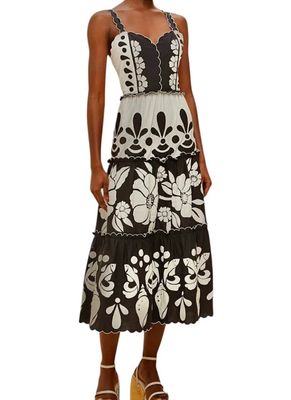 Summer Black and White Cutwork Midi Dress